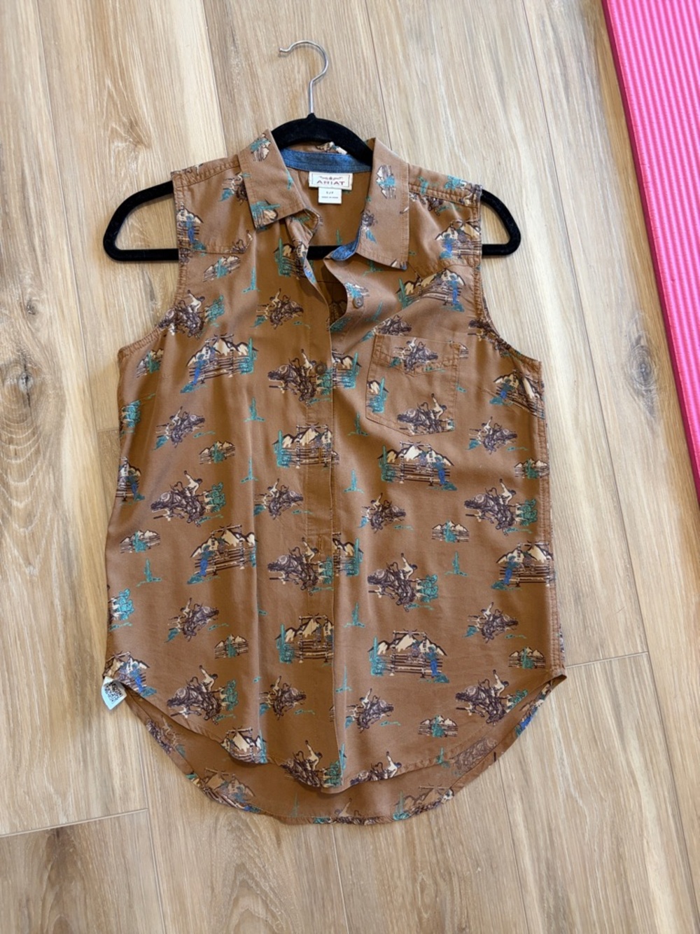 Ariat Brown Sleeveless Western Print Button-Up Blouse